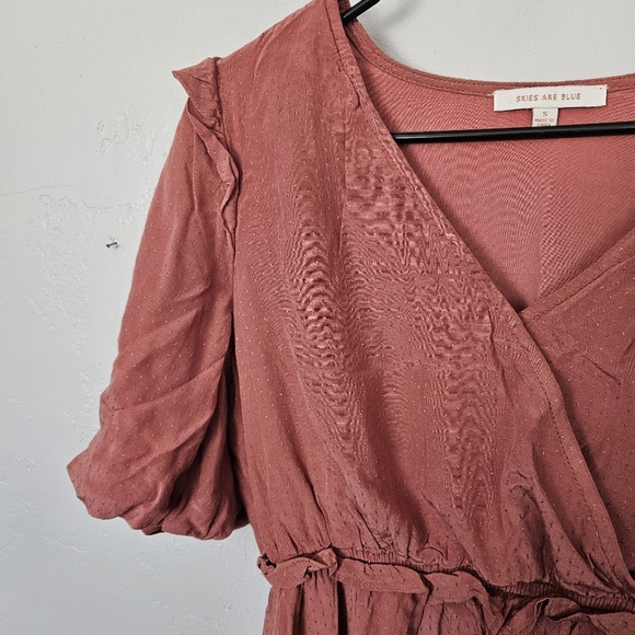 Skies Are Blue Women's Small Pink Puff Sleeve Midi Sundress Knee Length Surplice - Picture 3 of 9